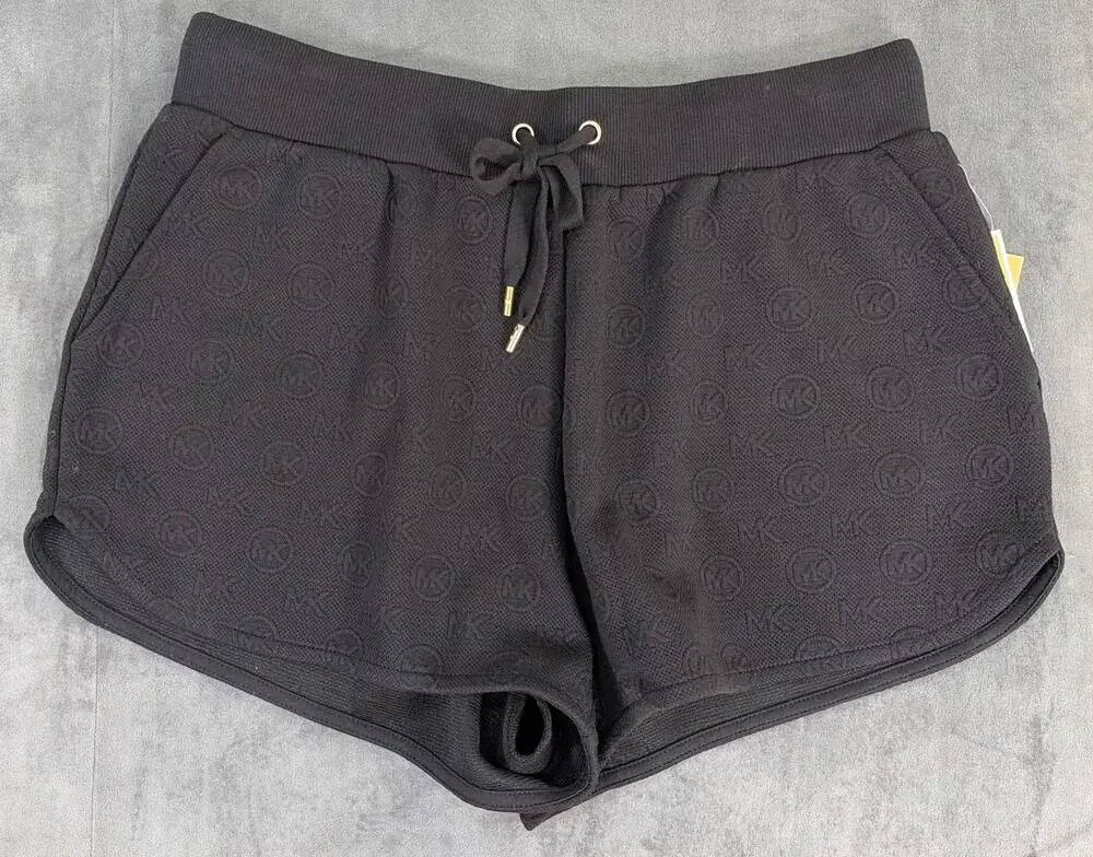 NWT Michael Kors Shorts Size Large Black Embossed Logo Drawstring Bnfts Charity